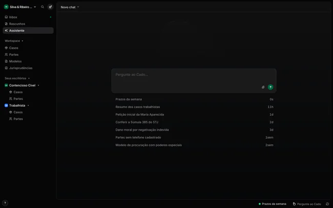 Página Assistente em um chat novo, com a caixa de mensagem e as conversas recentes