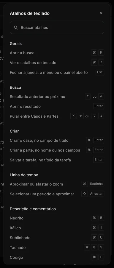 Painel flutuante de atalhos de teclado à direita, com busca