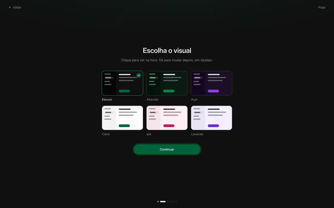 Passo Escolha o visual do onboarding, com os seis temas em duas fileiras, os escuros em cima e os claros embaixo, e o tema Escuro marcado