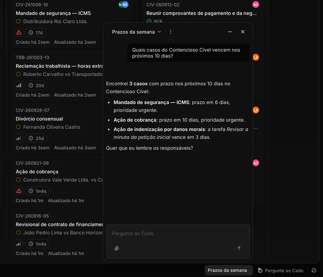 Cado, o assistente, respondendo sobre os prazos da semana