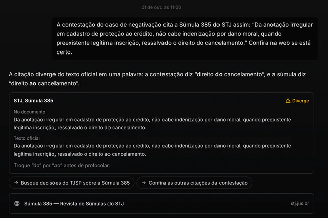 Cado conferindo na web a Súmula 385 do STJ citada numa contestação, com os links das fontes