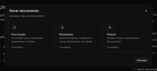 Janela Gerar documento com a escolha do tipo de documento