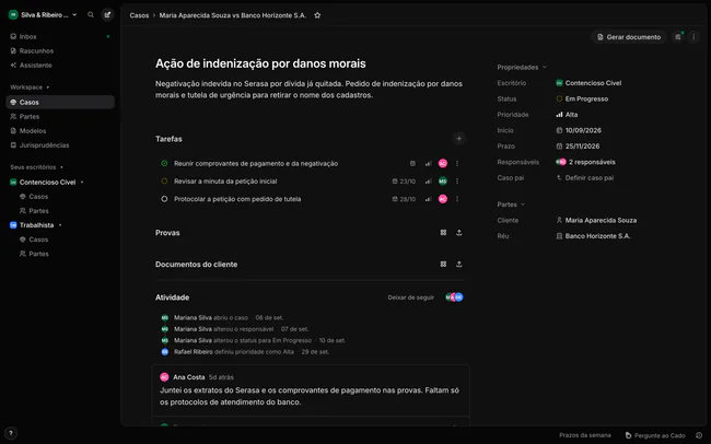 Página de um caso com descrição, tarefas, propriedades e partes