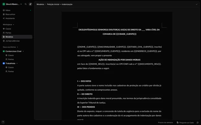 Editor de modelos com uma petição inicial e variáveis entre chaves