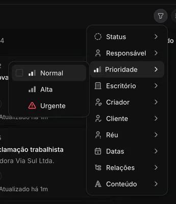 Menu de filtros aberto com as opções de prioridade