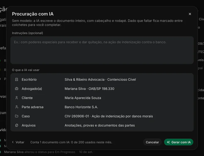 Etapa Gerar com IA de uma procuração, com o campo de instruções e o que a IA vai usar