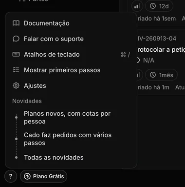 Menu de ajuda aberto no canto da barra lateral, com documentação, suporte, atalhos e novidades