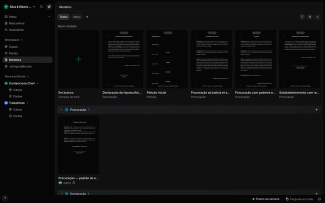 Biblioteca de modelos com a fileira Novo modelo e os grupos por tipo