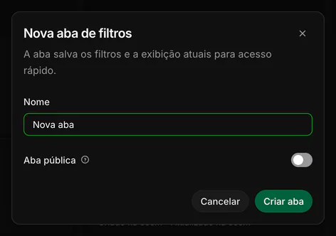 Janela Nova aba de filtros