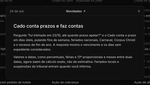 Janela de novidade aberta no app, com a data, o link para a página Novidades e os detalhes