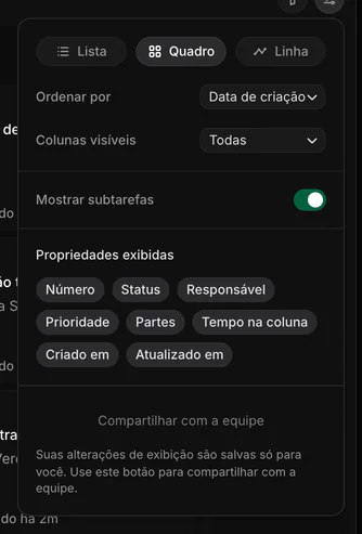 Opções de exibição dos casos: layout, agrupamento, ordem e propriedades visíveis