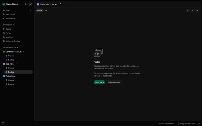 Página Partes de um escritório ainda sem partes, com a explicação e os botões Nova parte e Documentação