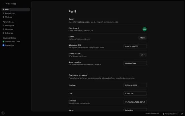 Ajustes do perfil com nome, OAB, telefone e endereço