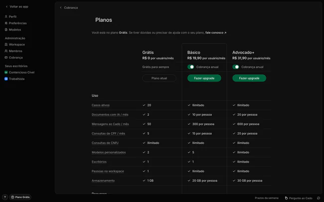 Página de planos com a comparação entre Grátis, Básico e Advocado+, com o Básico em destaque