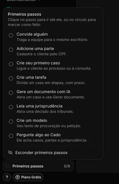 Lista Primeiros passos aberta no canto da barra lateral, com os oito passos ainda por fazer e um círculo ao lado de cada um para marcar como feito