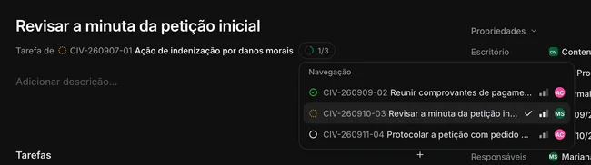 Página de uma tarefa com a linha Tarefa de e a lista das tarefas do caso pai aberta